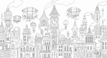 Fototapeta premium Steampunk city with airships, hand drawn vector illustration of a cityscape