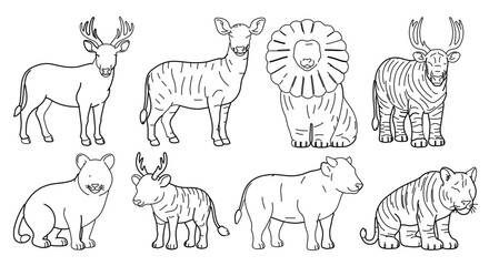 Collection of various animals drawn in a simple line art style