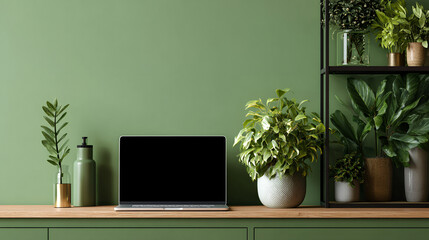 Fototapeta premium Minimalist Home Office Workspace with Laptop and Plants