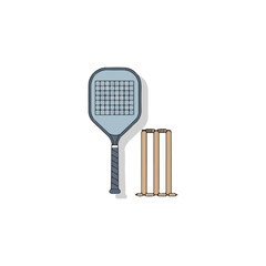 Illustration of a squash racket and cricket wickets, representing sports equipment against a white background.