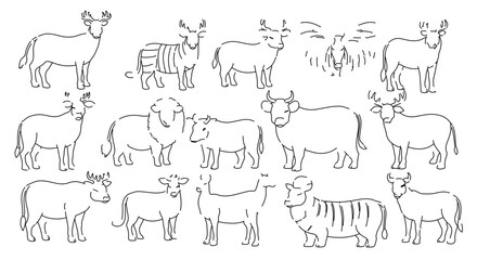 A collection of various farm animals in a simple line drawing style