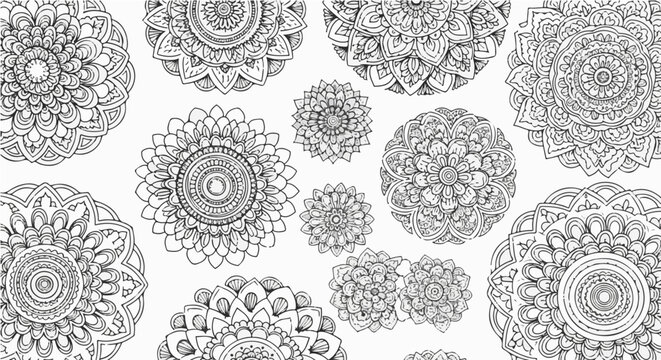 Collection of intricate mandala designs, handdrawn with fine lines, creating a mesmerizing and detailed pattern