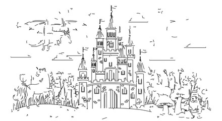 Obraz premium Fairytale castle in forest for creative design and coloring book