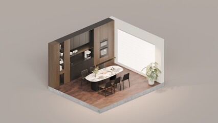 Modern Kitchen Showroom Display with Wooden Cabinets and Built-in Dining Table