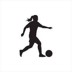 Silhouette of a female soccer player dribbling the ball across the field.