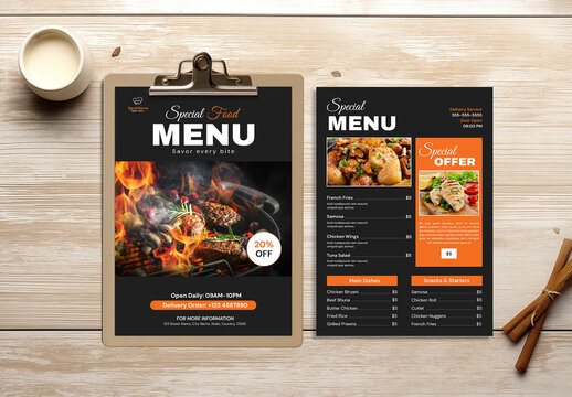Modern Special Restaurant Food Menu Design with Fire Grill