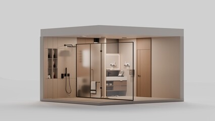 Contemporary Bathroom Showroom Interior with Glass Shower and Wooden Cabinets