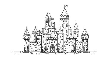 Obraz premium A detailed black and white drawing of a medieval castle with towers, walls, and gates