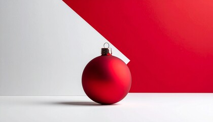 A single red Christmas ornament with a shiny surface and metallic hanging cap rests on a white surface