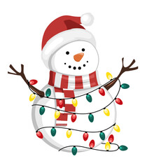 Snowman decorated in colorful Christmas lights. Vector illustration