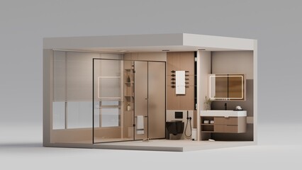 Contemporary Bathroom Showroom Interior with Glass Shower and Wooden Cabinets