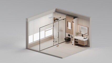 Contemporary Bathroom Showroom Interior with Glass Shower and Wooden Cabinets