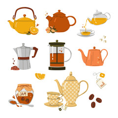 Cozy tea and coffee autumn vector set with teapot, coffeemakers and sweets