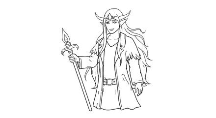 Fototapeta premium Illustration of a fantasy elf with a spear, perfect for coloring books