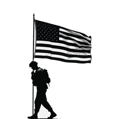 Silhouette of a soldier carrying the American flag on a white background, symbolizing patriotism and military service.