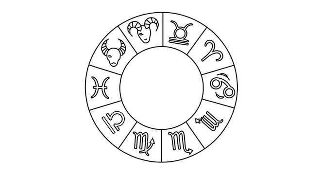 Circular zodiac wheel with astrological signs in black and white