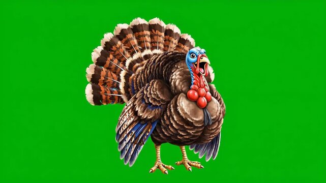 An animated turkey walks and gobbles on a green screen. A wild tom bird displays its tail feathers for the Thanksgiving holiday. Chroma key character animation with copy space