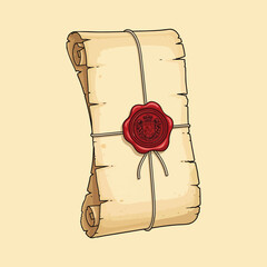 An antique scroll tied with twine and sealed with a red wax emblem, ready to be delivered.