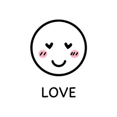 Cute black outline love emoji face with pink blush and closed eyes, smiling sweetly, accompanied by LOVE text.