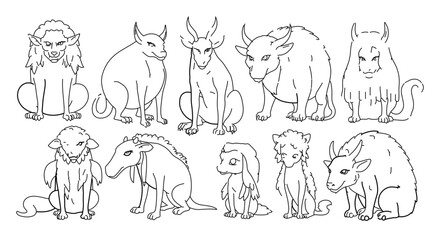 Obraz premium Collection of mythical creatures sitting, perfect for coloring book pages