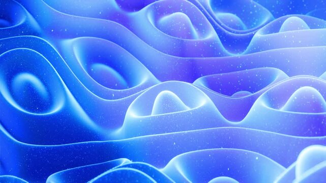 Loop 4k. Abstract waves of soft blue matte material with light inner glow and glitters on morphing surface. Abstract geometric surface like landscape or terrain, extrude or displace 3d noise.