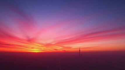 Vibrant sunset sky with dramatic pink and orange clouds above a city skyline, colorful horizon landscape with soft gradients and atmospheric haze. Generative AI.