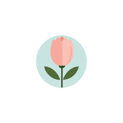 A stylized, flat illustration of a pink tulip with green leaves, centered within a light blue circle on a white background.