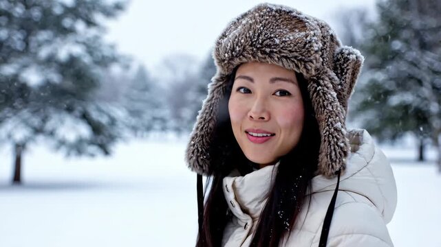 A happy Asian woman in a trapper hat smiling in a snowy winter park. Close-up portrait of a person enjoying a cold day with falling snow. Winter fashion and lifestyle concept