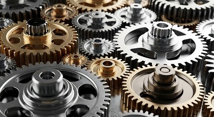 Closeup of interlocking metal gears in a mechanical system