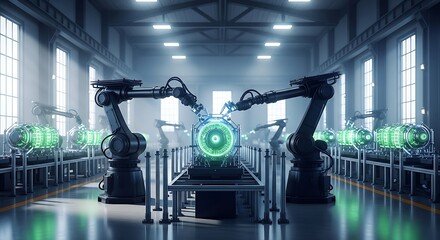 Robotic arms in a futuristic factory assembly line