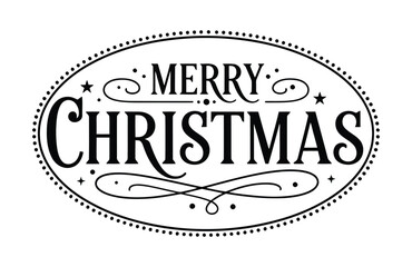 Vintage Merry Christmas Oval Badge with Decorative Flourishes and Stars