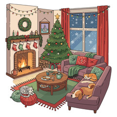 Cozy Christmas living room scene with decorated tree, fireplace, sleeping pets, and festive decorations.