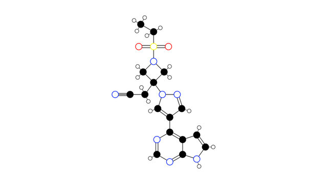 baricitinib molecule, structural chemical formula, ball-and-stick model, isolated image janus kinase inhibitor
