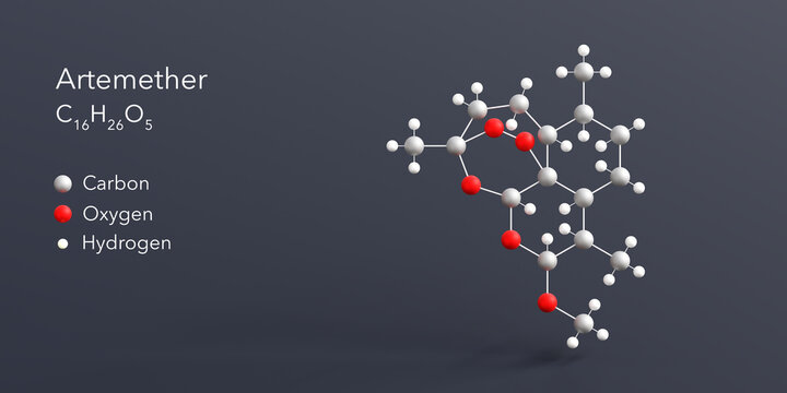artemether molecule 3d rendering, flat molecular structure with chemical formula and atoms color coding