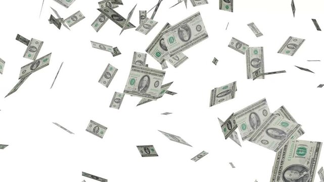 Money rain on white screen background video. dollar bills falling, raining money, cash rain falling animation, money falling overlay 4k.