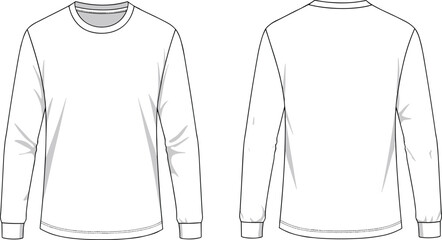 Long sleeve crew neck shirt front and back view, blank casual apparel template, fashion sketch, garment design, vector illustration