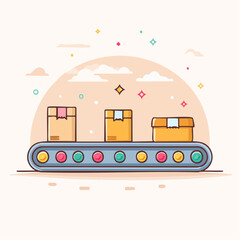 Obraz premium Illustrated Conveyor Belt Moving Cardboard Boxes in a Warehouse with Pastel Clouds and Stars
