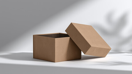 Fototapeta premium Minimalist cardboard box mockup with open lid, recycled material, natural brown color, modern shadow, clean background, eco friendly packaging, simple and elegant design