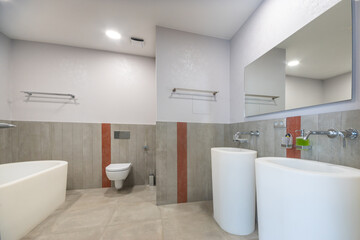 A bathroom with a modern design and stylish decor elements in a minimalist setting.