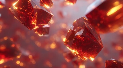 Group of red crystals flying in the air. the crystals are of different sizes and shapes, with some being larger and others smaller.