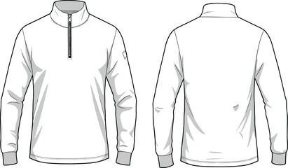 Long sleeve pullover technical sketch, half zip collar, fashion flat drawing, apparel design template, garment illustration, front back view