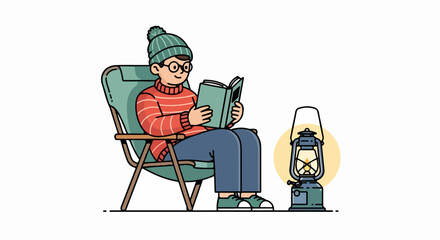 Man reading book in chair with lantern