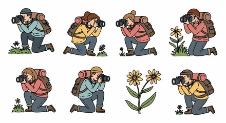 Photographers kneeling taking pictures in nature