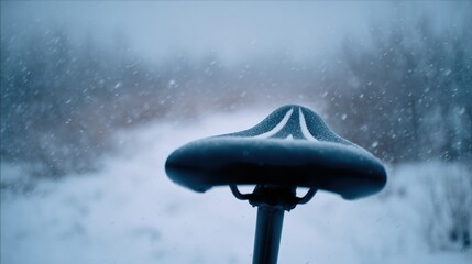 Close-up of a bicycle seat on a pole. the seat is covered in a thick layer of snow, with a white stripe running down the center.