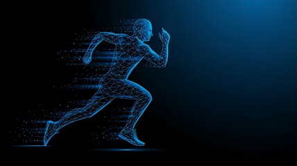 Abstract running man form lines and triangles, point connecting network on dark blue background.sport, concept, marathon, home interior, business, 