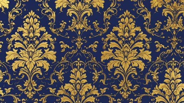 A detailed image of a repeating pattern in gold against a deep blue background