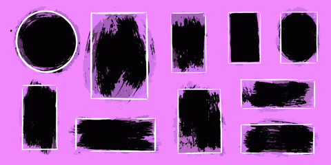 Collection of abstract black paint brush stroke frames and shapes on a pastel purple background