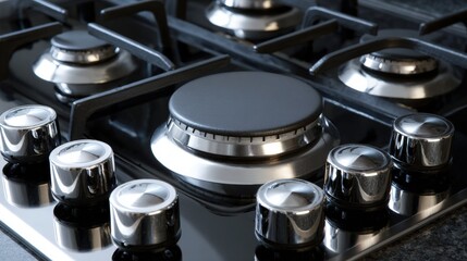 Obraz premium Close-up of a gas stove top with six burners. the burners are made of stainless steel and have a shiny finish. in the center of the burners, there is a black circular burner with a silver rim.