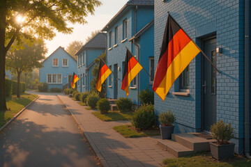 German Flags Displayed on Houses in Quiet Suburban Street at Sunset, generative ai