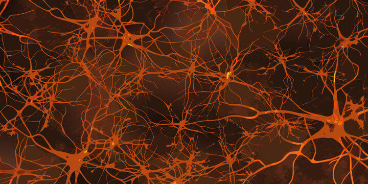 Abstract depiction of interconnected neurons with glowing orange branches against a dark brown background